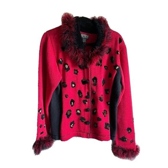 Berek 2 Knit Cardigan Sweater Beaded Animal Sz Large Embellished Red Black - Picture 1 of 7